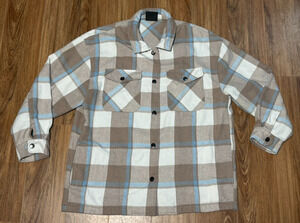 HFX Plaid Flannel Shirt Jacket Beige Blue Snap Closure Pockets - Women's Size M